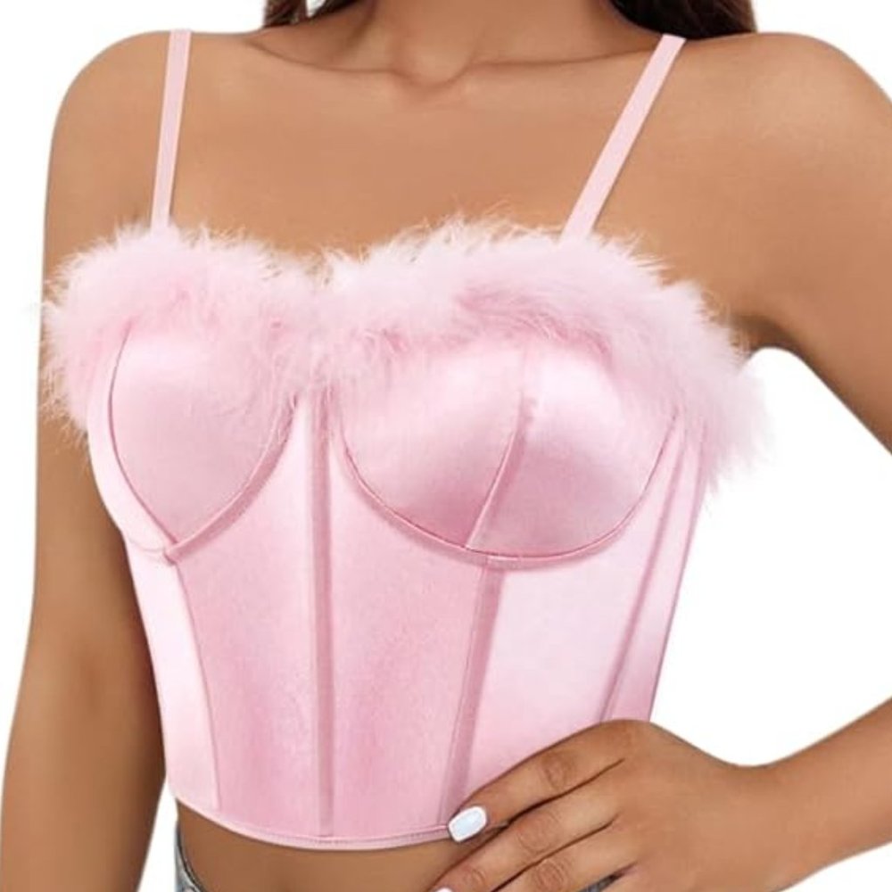 NWT Beautiful Matching Barbie Pink Feather Bustier Purse Shoes Sweater Set - Picture 3 of 14